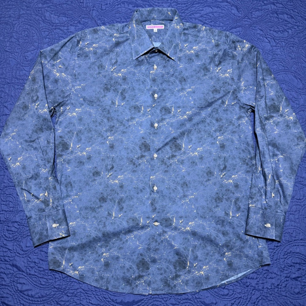 Coton Doux Blue Gold Marble Print Button Down Shirt Men's  42 16.5 L Geometric